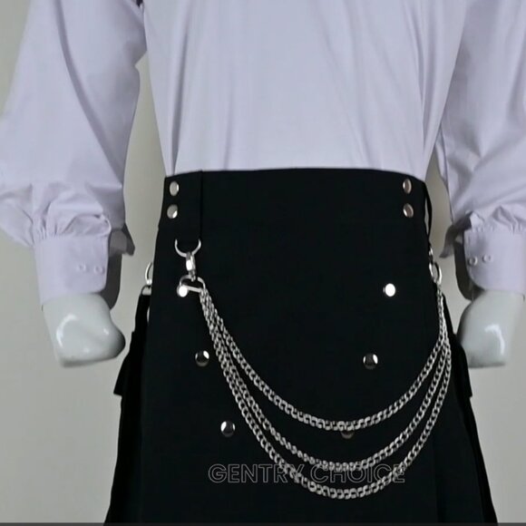 Cargo Utilty Kilt Black with Silver Chains Traditional Scottish Highlander Kilt - Picture 1 of 12